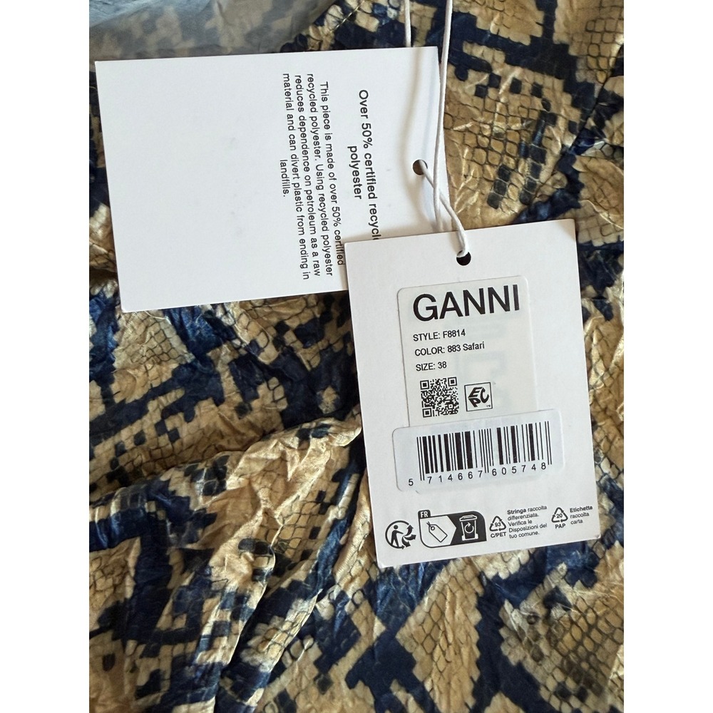 NWT Ganni Midi Dress Womens 6 Blue Tan Snakeskin Ruched Puff Sleeve - Picture 14 of 15